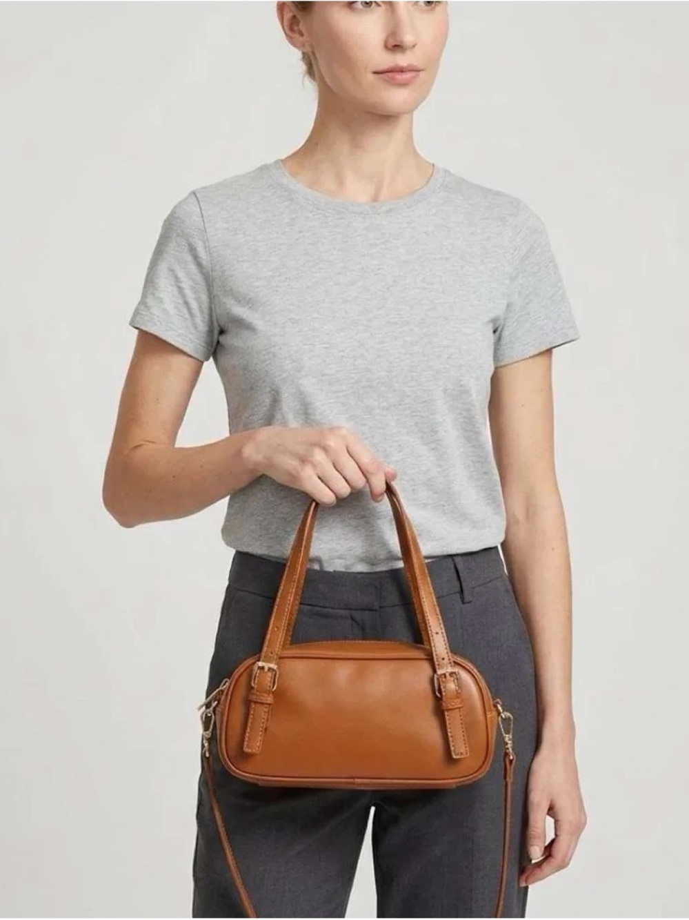 Compact Tan Leather Mini Top-Handle Bag with Removable Strap